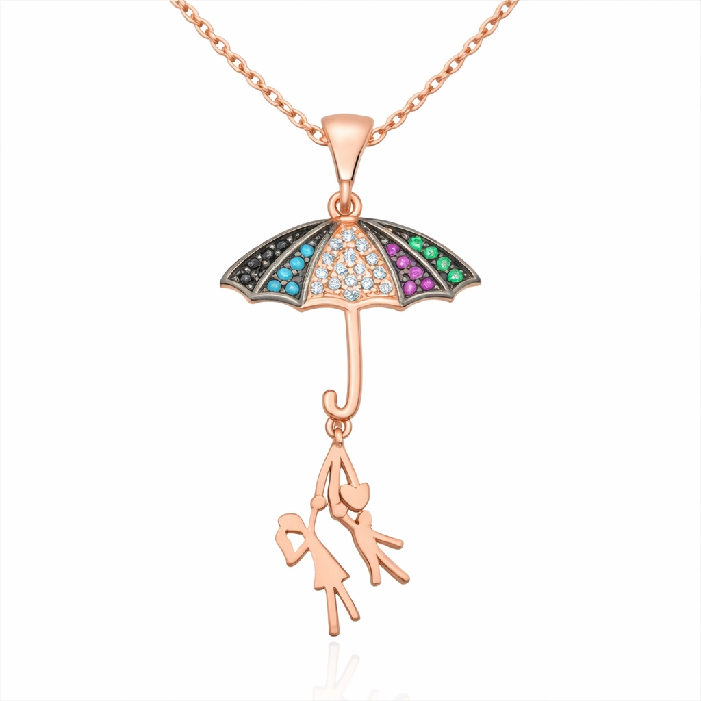 Silver Umbrella-Holding Lovers Necklace
